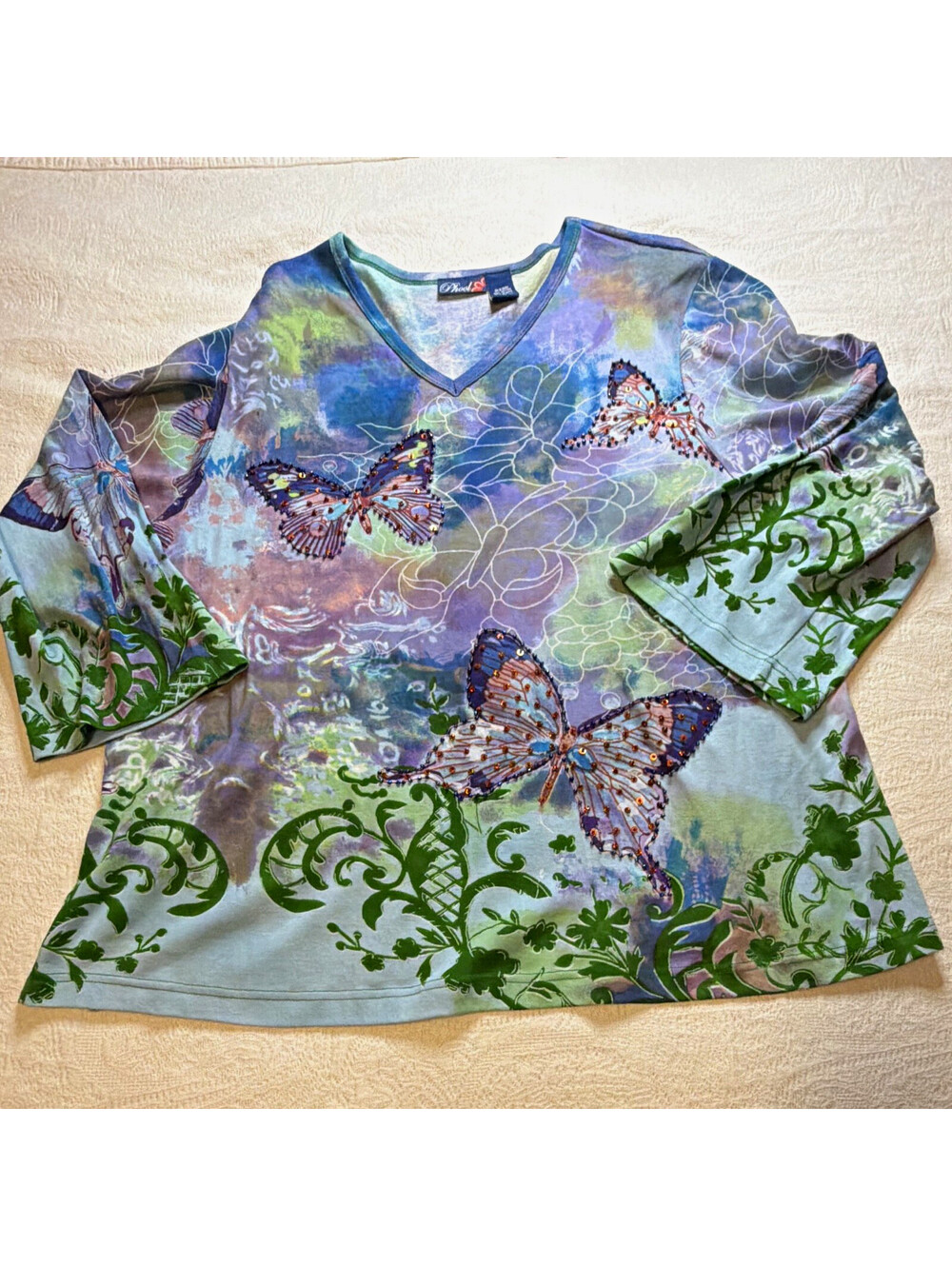 Phool Women’s Plus 3X Multicolor Knit Cotton Beaded Butterfly V-Neck 3/4 Top